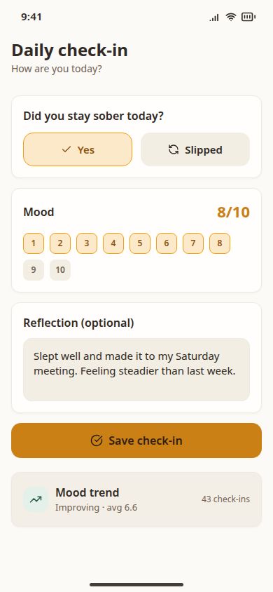 SafeHive daily check-in screen with a sober day logged, a mood rating of 8 out of 10, and an improving mood trend